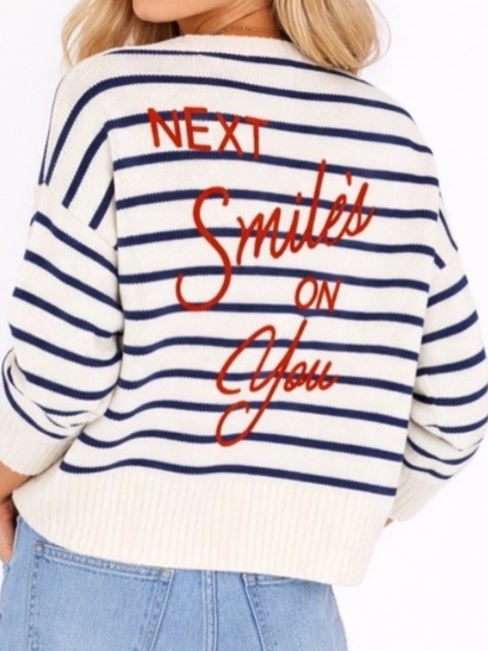 Rosenthal Cream and Navy V-Neck Striped Sweater
